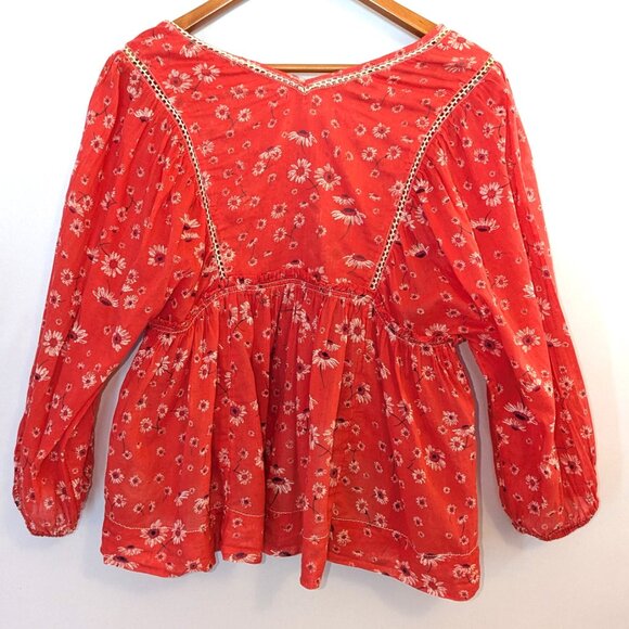 Free People | Never A Dull Moment Blouse Coral Red Peasant Floral Top | Size XS - Picture 6 of 10